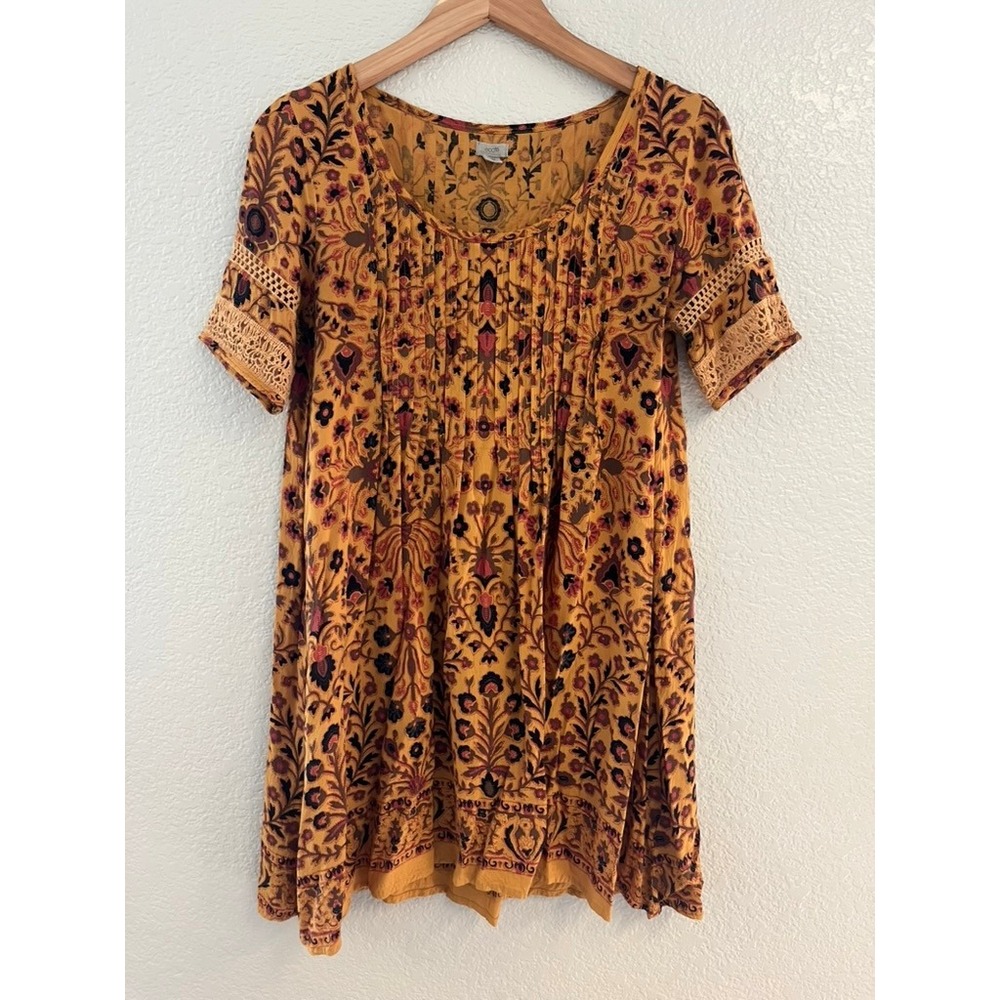 Ecote‎ Mustard Yellow Floral Pintuck Boho Mini Dress Crochet Lace Trim Small